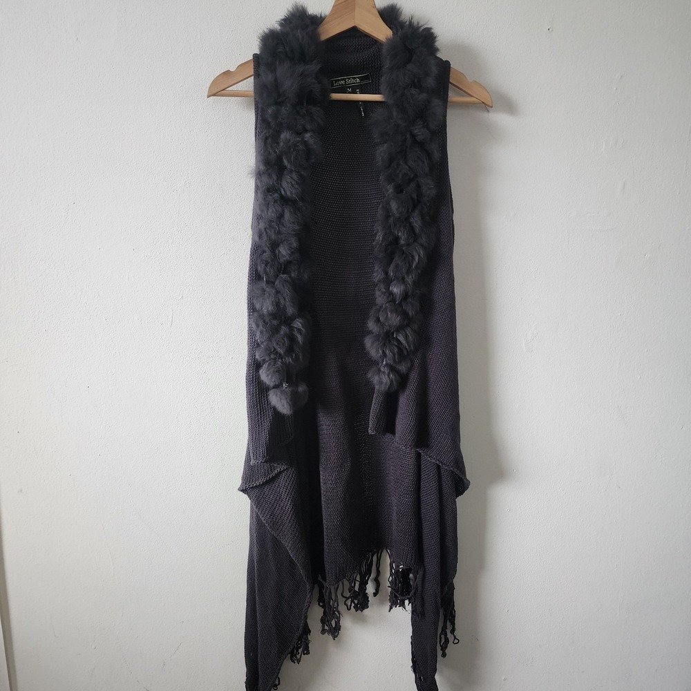 Womens Love Stitch Angora Fur Sweater Cardigan Vest Medium Long Boho Whimsical